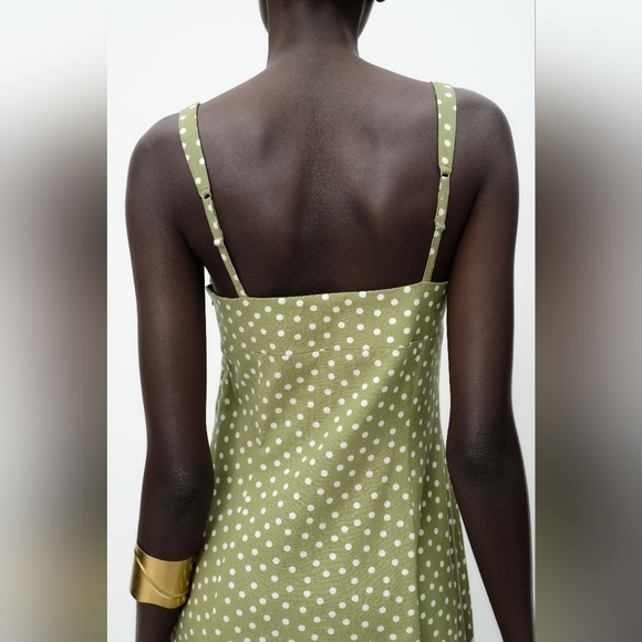 SIZE XL LINEN BLEND POLKA DOT MIDI DRESS ECRU/KHAKI ZARA 8008/677/071 - Picture 6 of 9